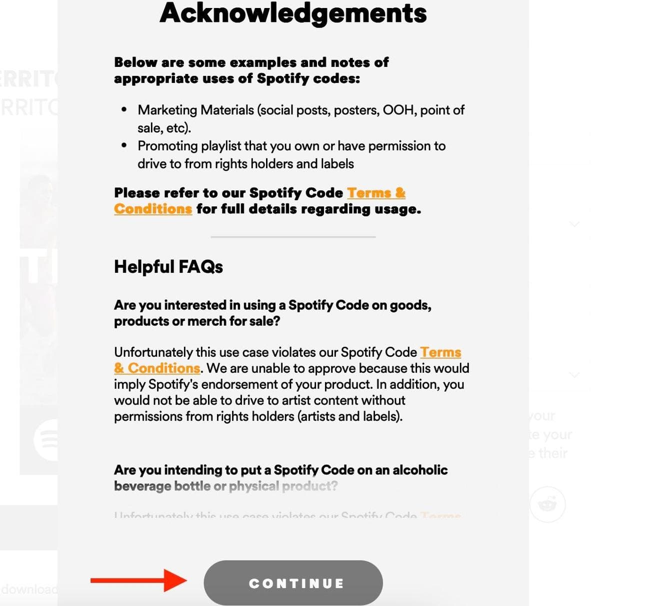 Οι ευχαριστίες εμφανίζονται στον ιστότοπο Spotify Codes με ένα κόκκινο βέλος που δείχνει το κουμπί Συνέχεια.
