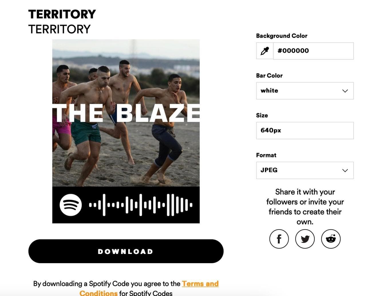 Ένας κωδικός Spotify που δημιουργήθηκε στον ιστότοπο Spotify Codes με πληροφορίες τραγουδιού και εμφανίζεται ένα κουμπί λήψης.