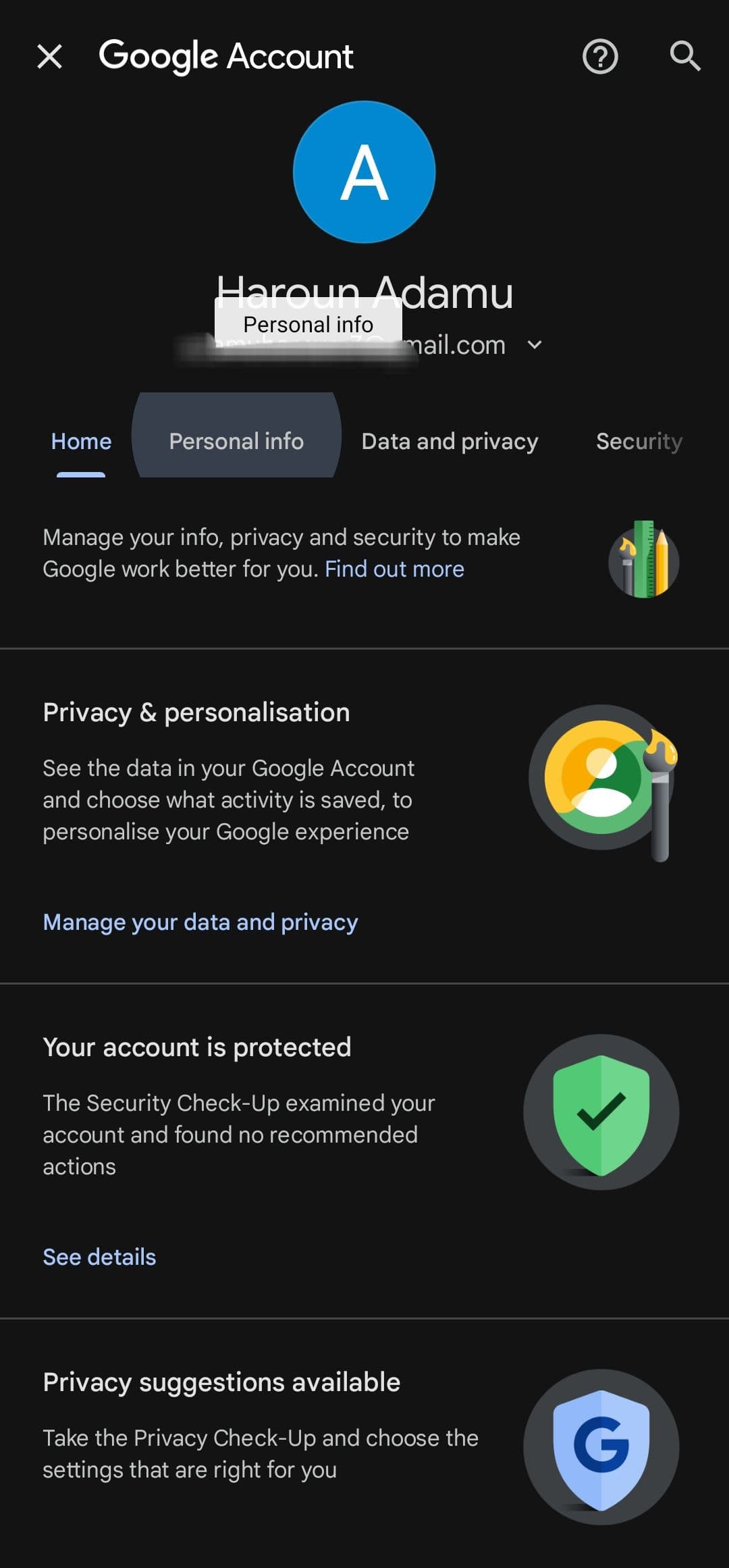 σελίδα ρυθμίσεων λογαριασμού Google