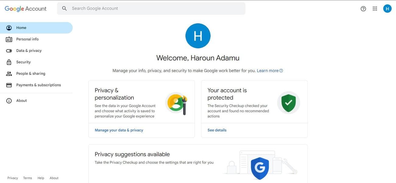 Αρχική σελίδα λογαριασμού Google