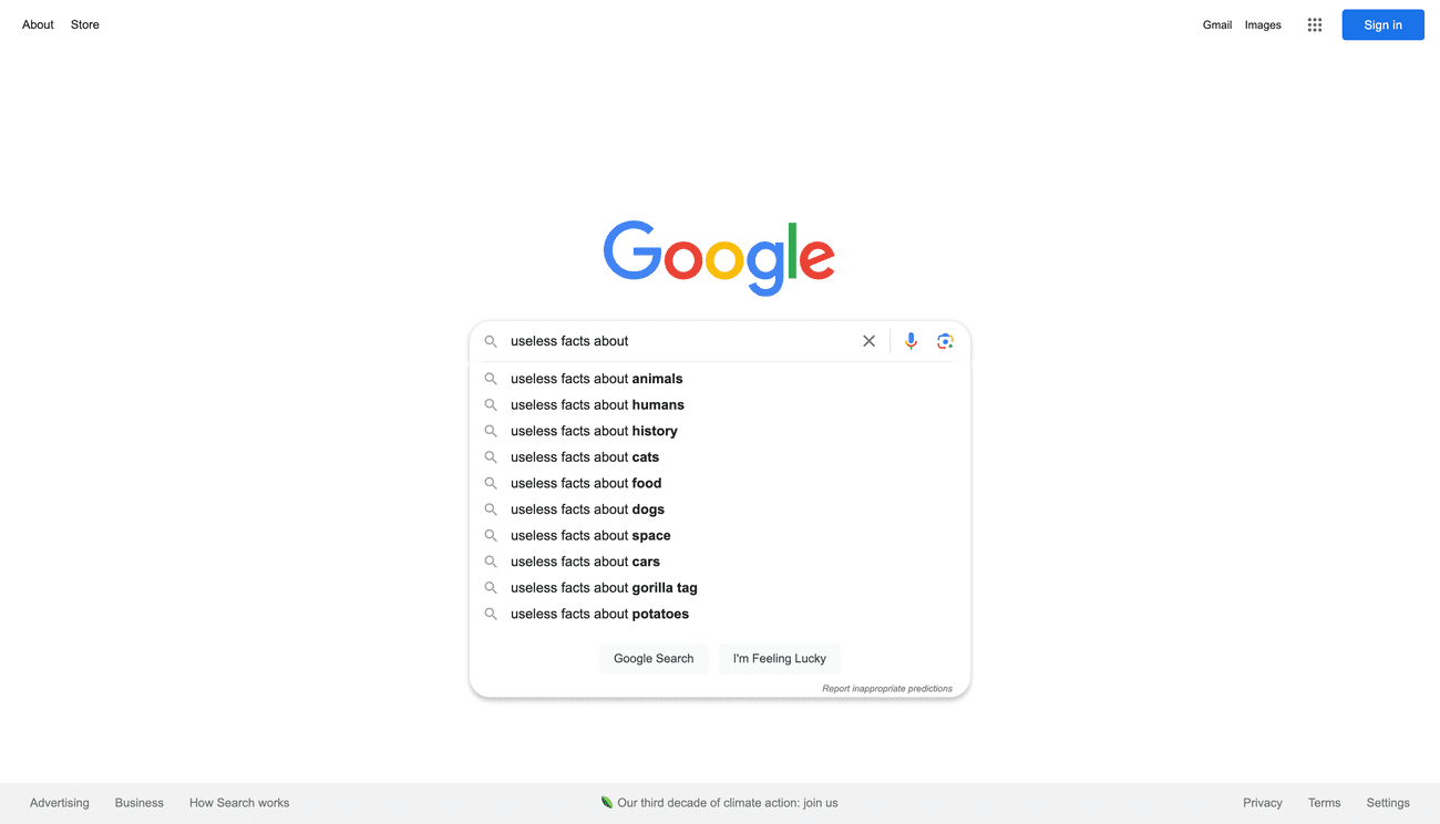 Στιγμιότυπο οθόνης μιας αναζήτησης στο Google για άχρηστα στοιχεία σχετικά με