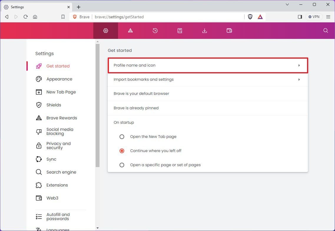 Brave profile name and icon