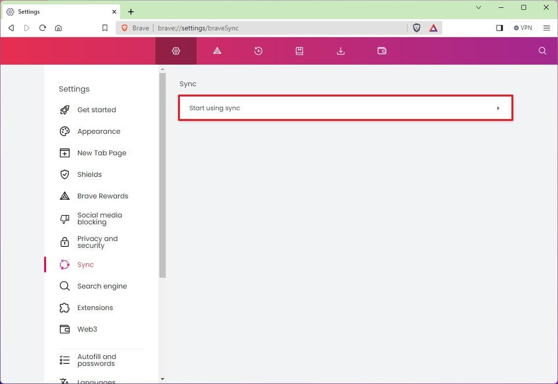 Brave sync settings