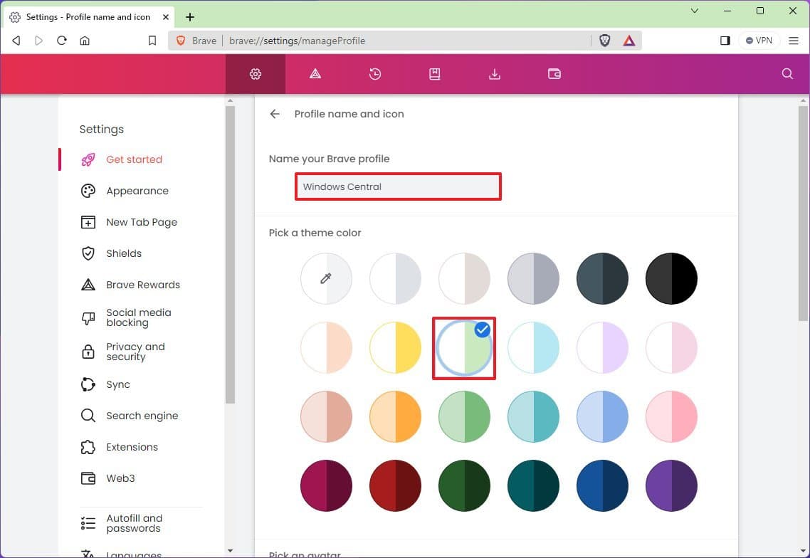 Brave change profile name and color