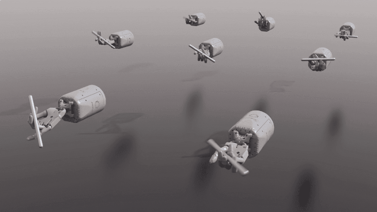 Animation of multiple robot hands twirling pens in computer simulation