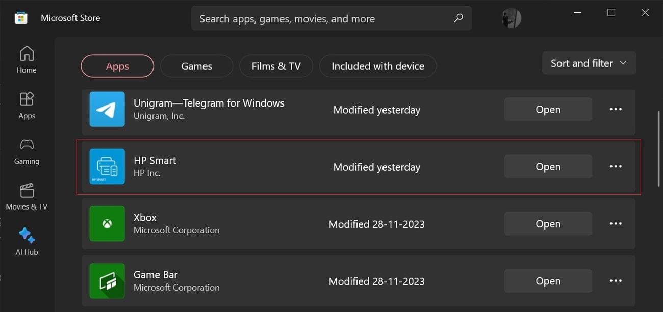 Η εφαρμογή HP Smart που έχει εγκατασταθεί μέσω του Microsoft Store