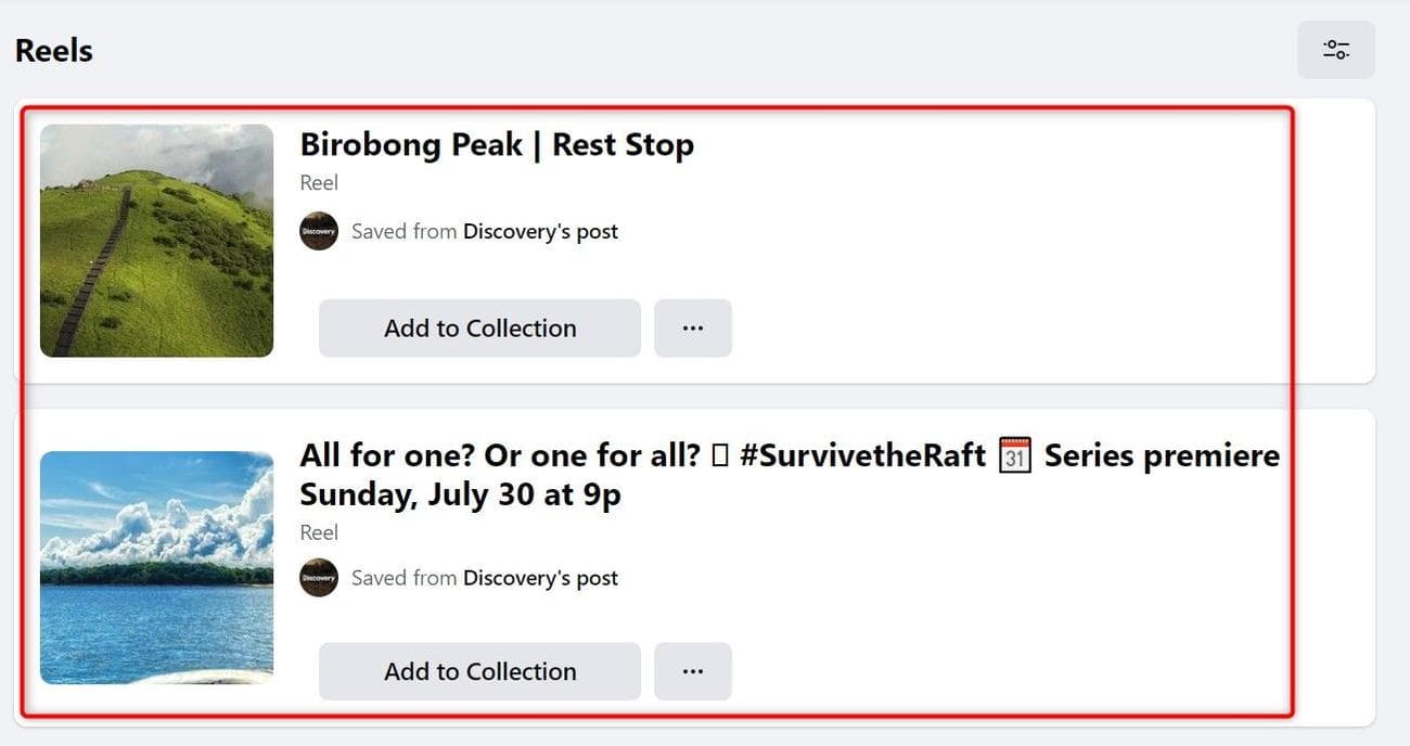 Οι αποθηκευμένοι τροχοί επισημαίνονται στον ιστότοπο του Facebook για υπολογιστές.
