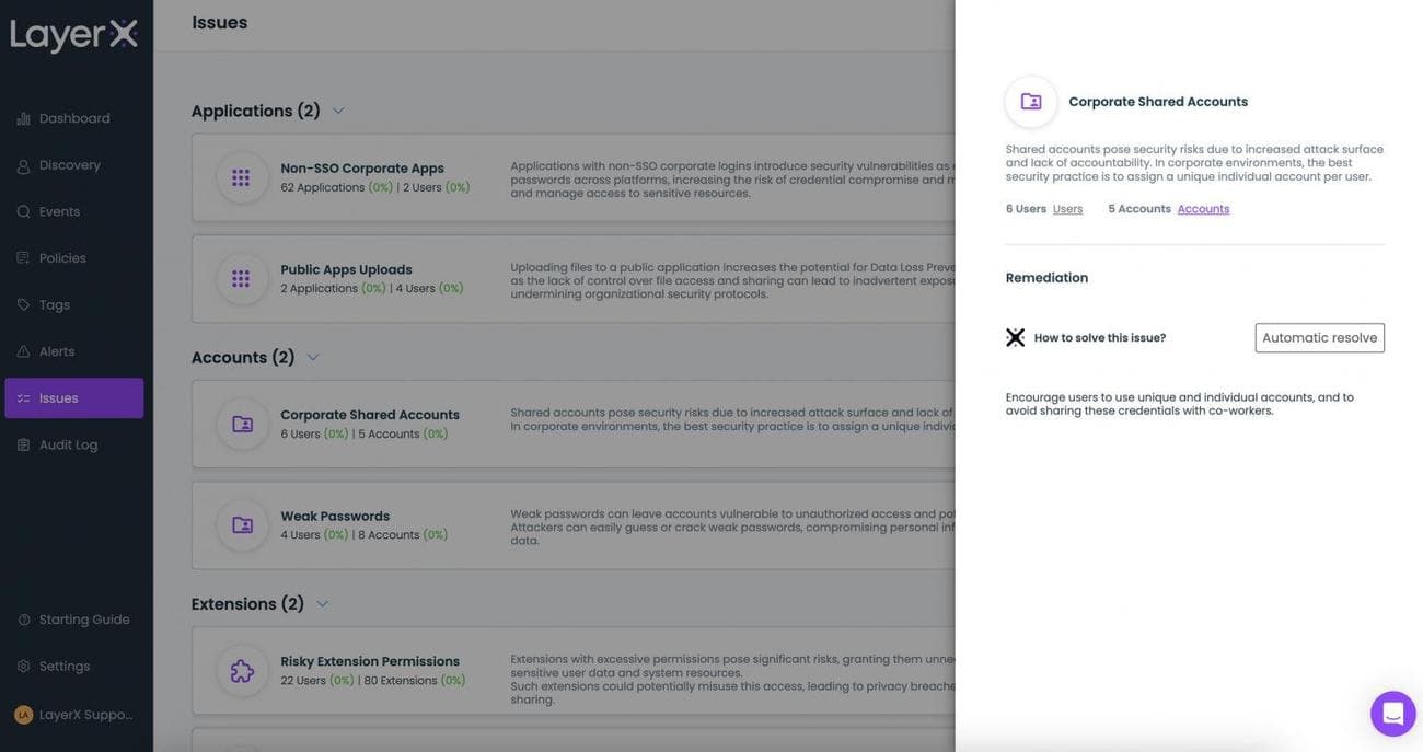 Figure 6: The LayerX Issues screen displaying manual and automated resolving options