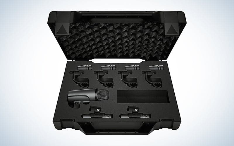 Sennheiser e600 Drum Microphone Kit in a case over a white gradient