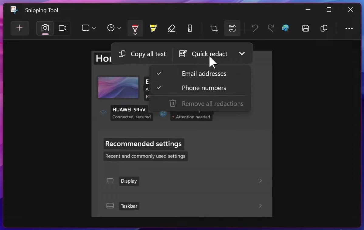 Στιγμιότυπο οθόνης του εργαλείου Snipping των Windows 11, που δείχνει την επιλογή αντιγραφής όλου του κειμένου από μια εικόνα και τη δυνατότητα επεξεργασίας διευθύνσεων email και αριθμών τηλεφώνου.