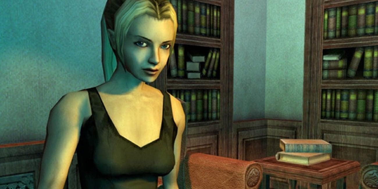 Ο κύριος χαρακτήρας από το Eternal Darkness σε ένα δωμάτιο που μοιάζει με βιβλιοθήκη, φαίνεται σκεπτικός. 