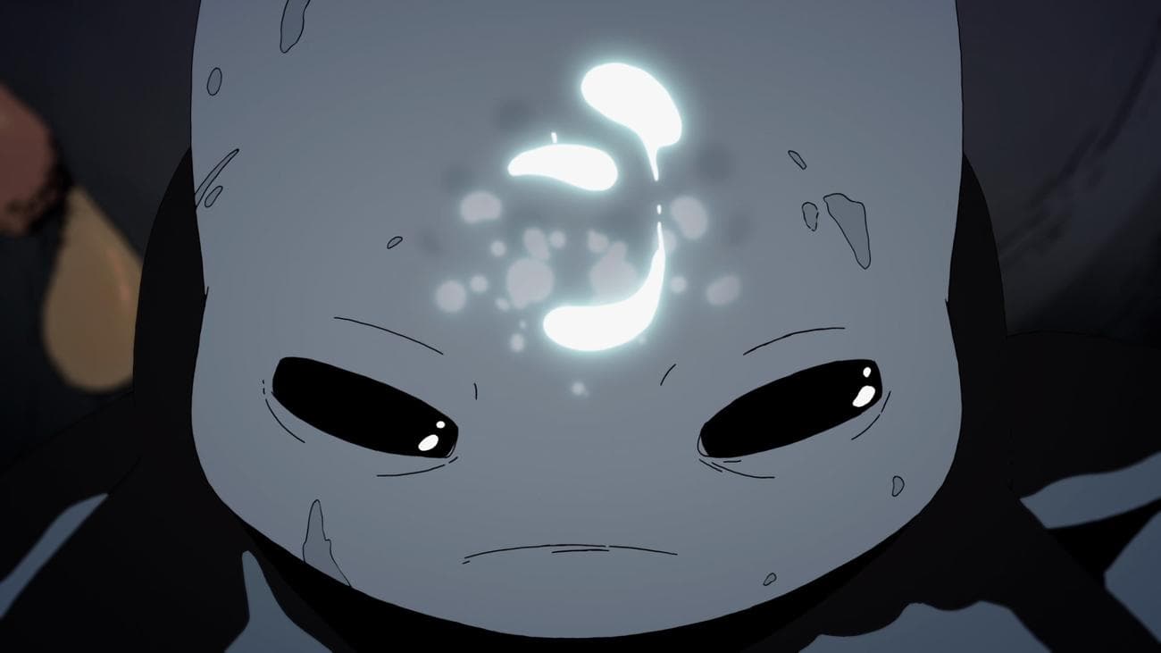 Κινούμενα σχέδια: ένας γκρίζος εξωγήινος με λαμπερά φώτα στο μέτωπό του.