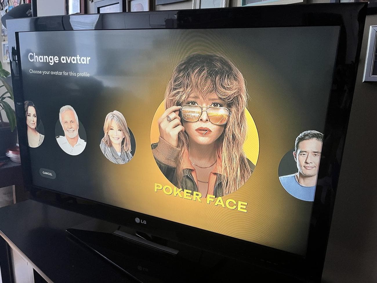 Peacock on staffer's TV set. 