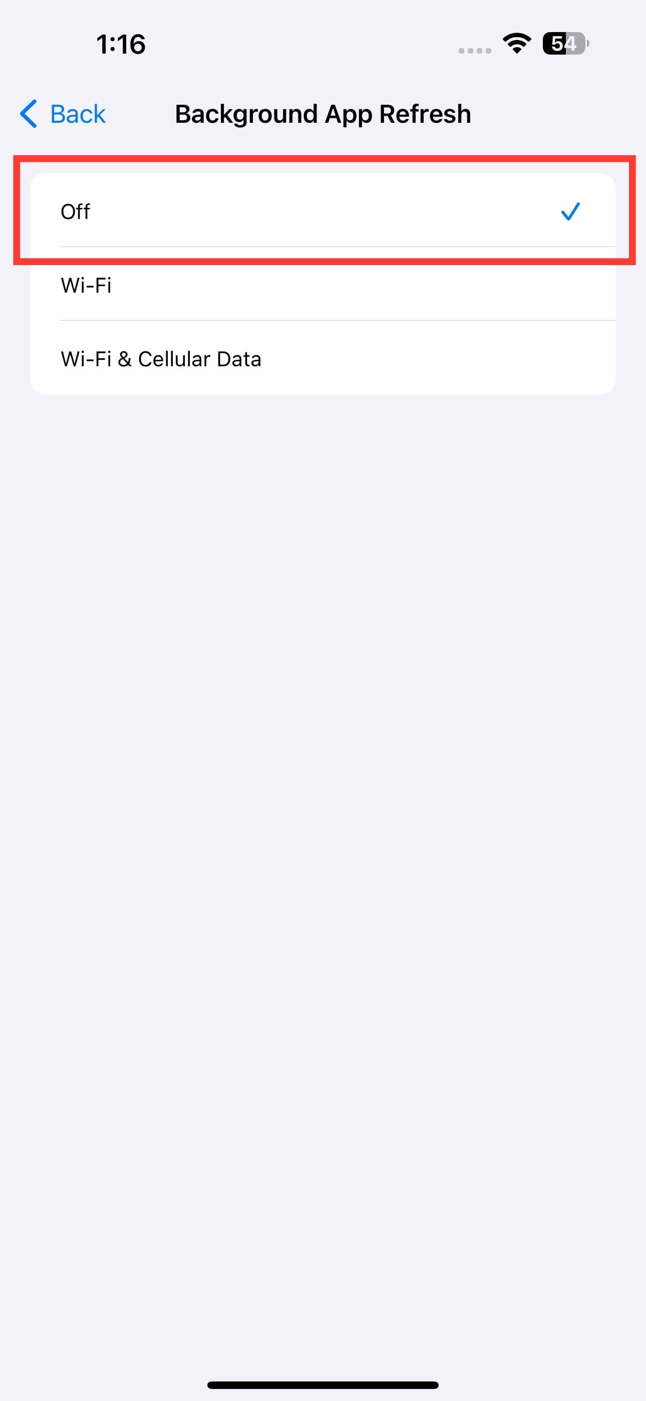 Οθόνη Ανανέωσης εφαρμογών στο παρασκήνιο iPhone που δείχνει πώς να απενεργοποιήσετε την Ανανέωση εφαρμογών στο παρασκήνιο.