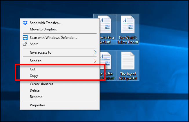 Επιλέξτε Αποκοπή ή Αντιγραφή στο Μενού με το δεξί κλικ