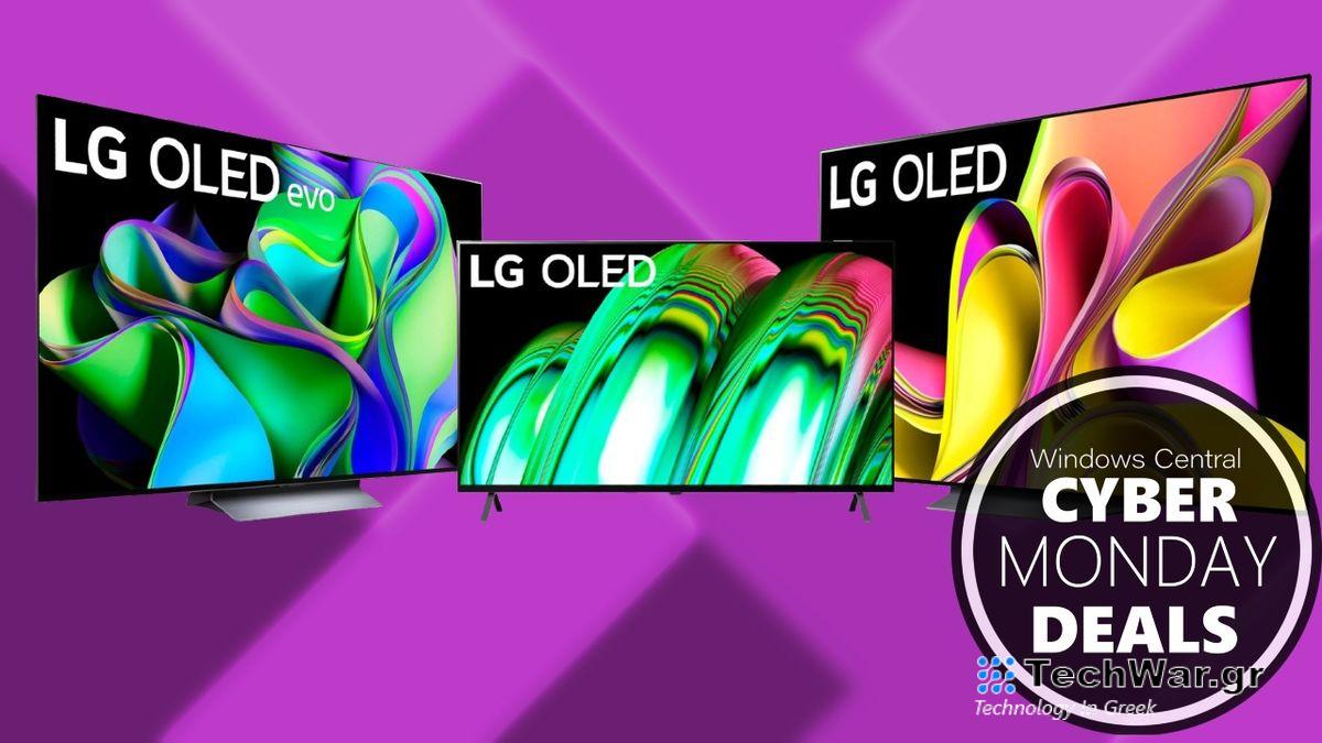Image of LG OLED TVs on a purple background for Cyber Monday.