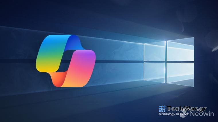 A Copilot logo with a Windows 10 stock wallpaper background