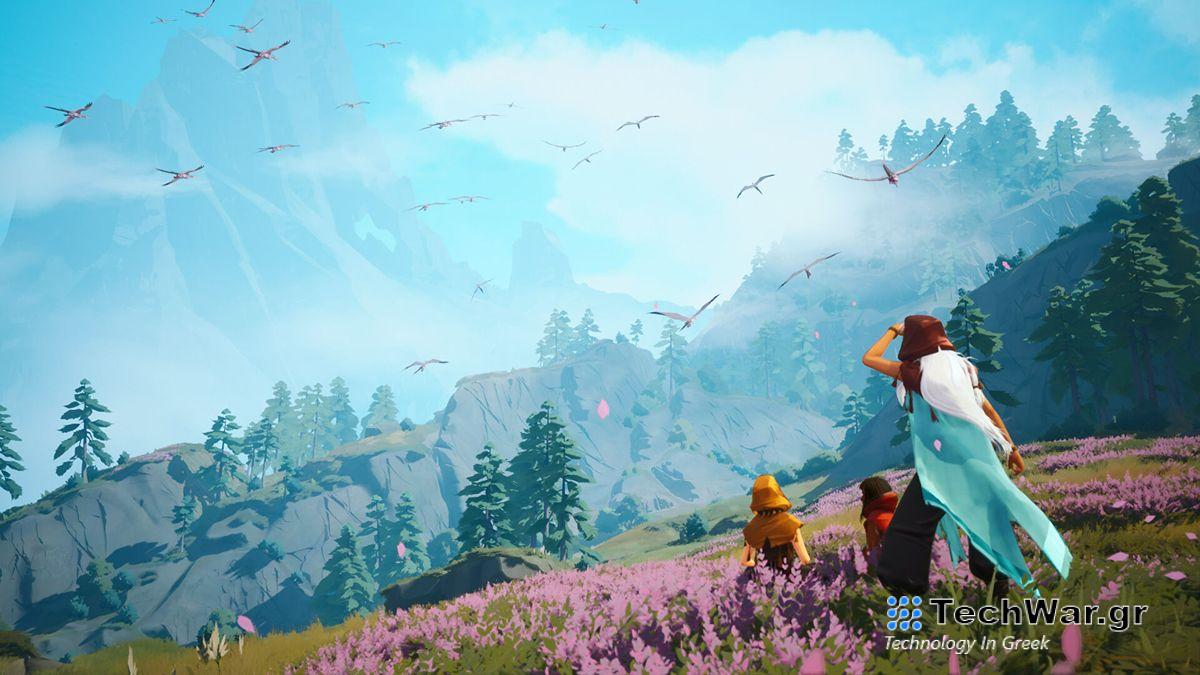 A cloaked woman looks up at a sky filled with birds