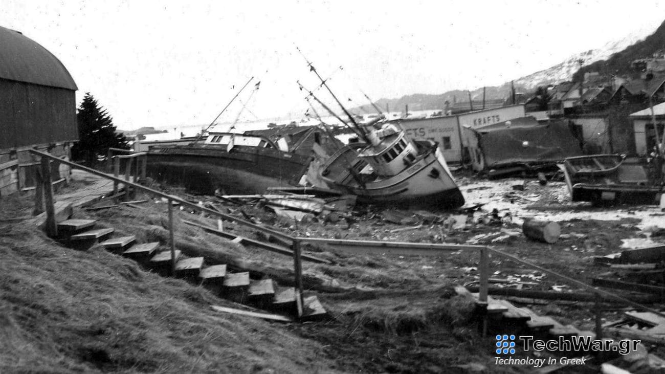 A photo from the 1964 Kodiak National Wildlife Refuge annual report shows damage near a small harbor after the Good Friday Earthquake. More than 20 tsunamis struck Alaska in all, killing 106 people across the state and causing $284 million in damage.