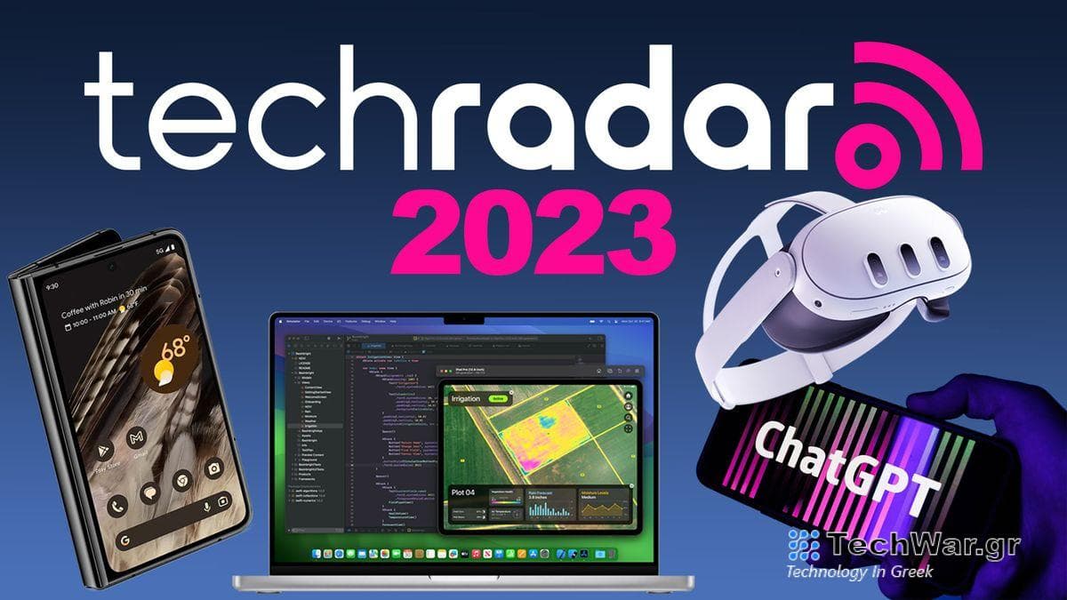Google Pixel Fold, Apple MacBook Pro 16 M3, Meta Quest 3, ChatGPT on a phone, plus the TechRadar logo on a blue background around the number 2023