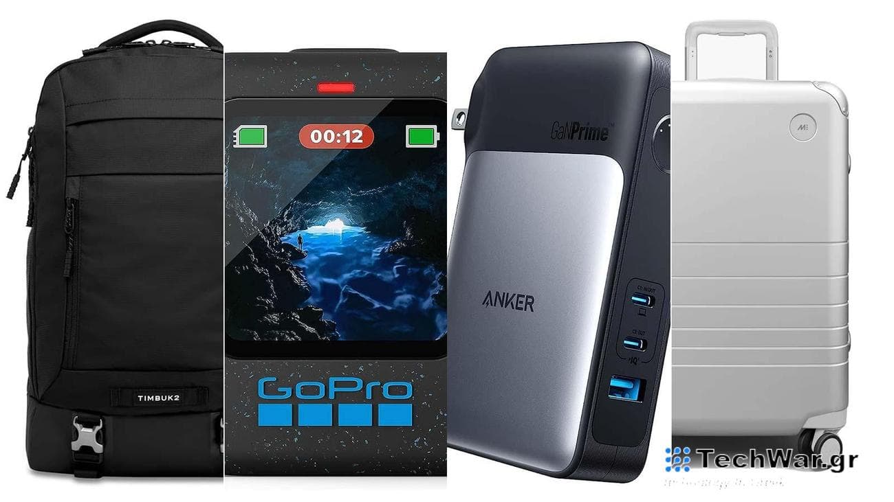 A backpack, GoPro Camera, Anker charging brick, and suitcase arranged in a row on a plain background.