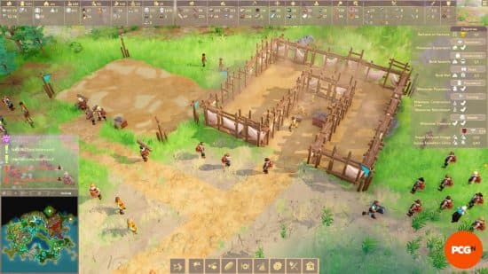 Πολλαπλοί εργάτες Πρωτοπόροι της Παγώνιας συγκεντρώνονται γύρω από ένα κτίριο, είτε μεταφέροντας υλικά, είτε σκάβοντας είτε κτίζοντας.