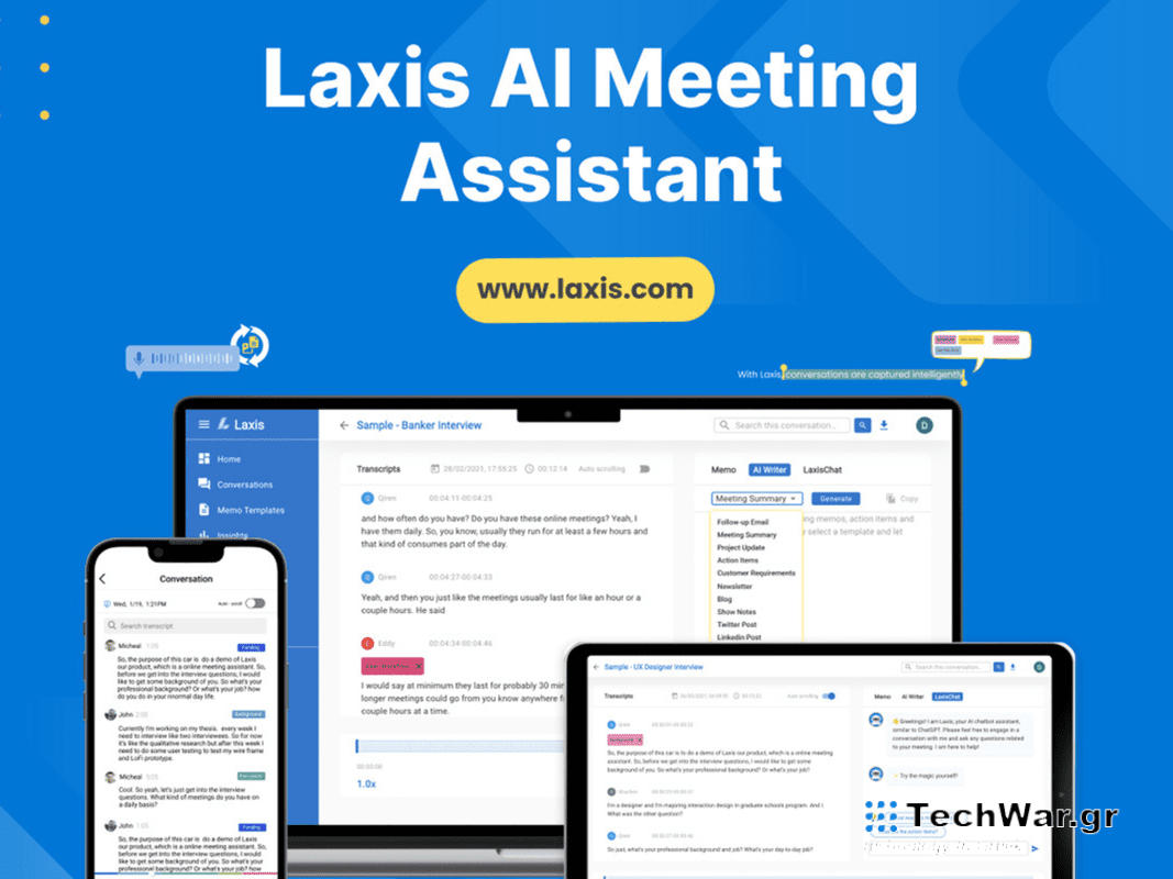 Laxis AI meeting assistant pulled up on a laptop, phone, and tablet on a plain background