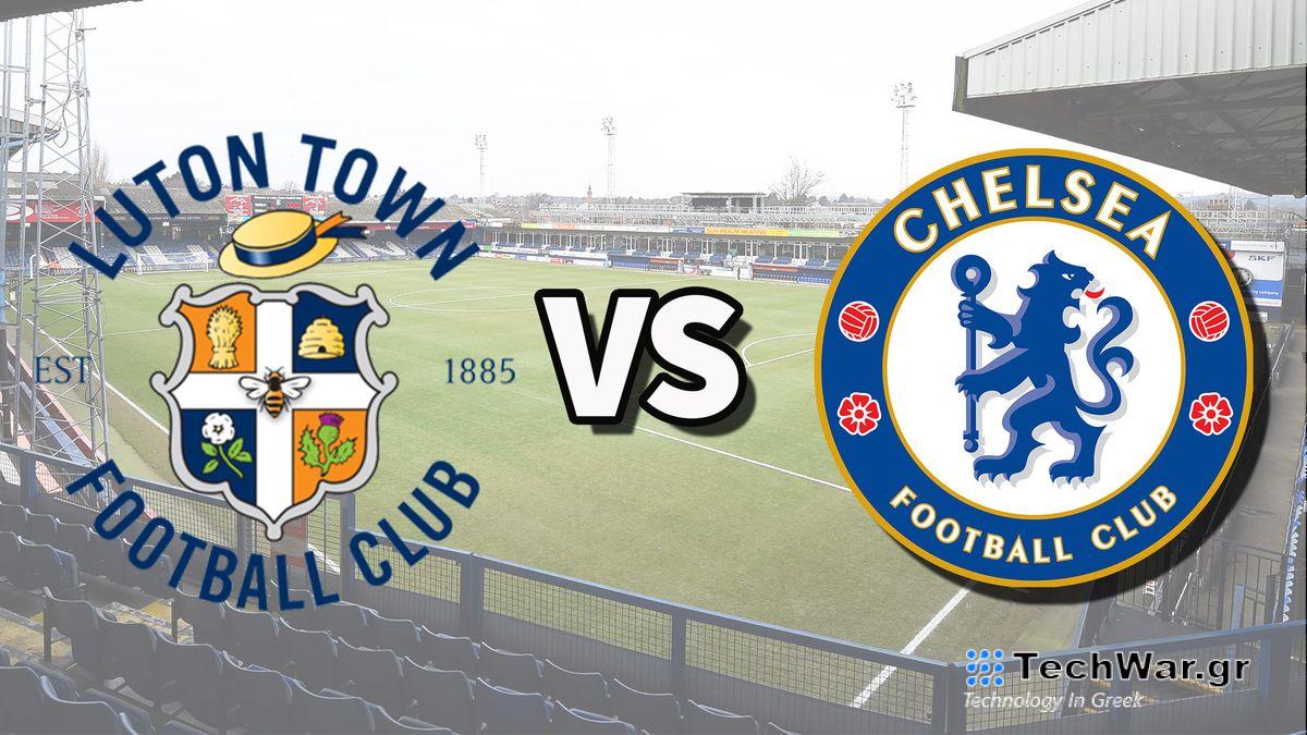 The Luton Town and Chelsea club badges on top of a photo of Kenilworth Road stadium in Luton, England