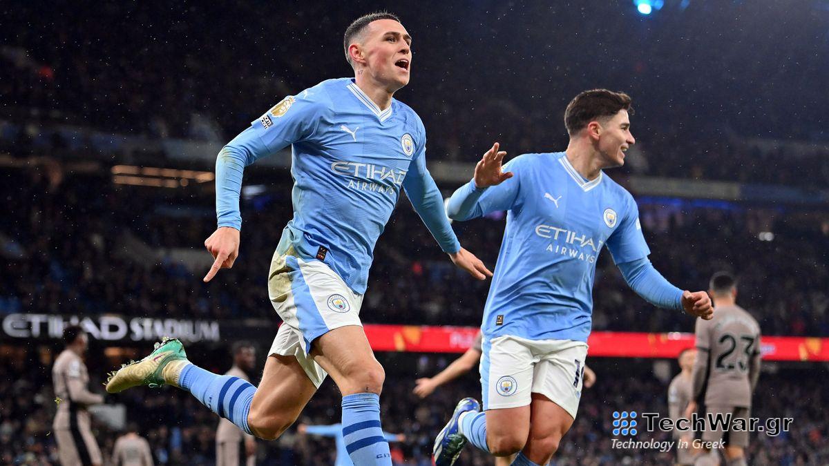 Phil Foden (L) celebrates a goal ahead of the Urawa Reds vs Man City live stream