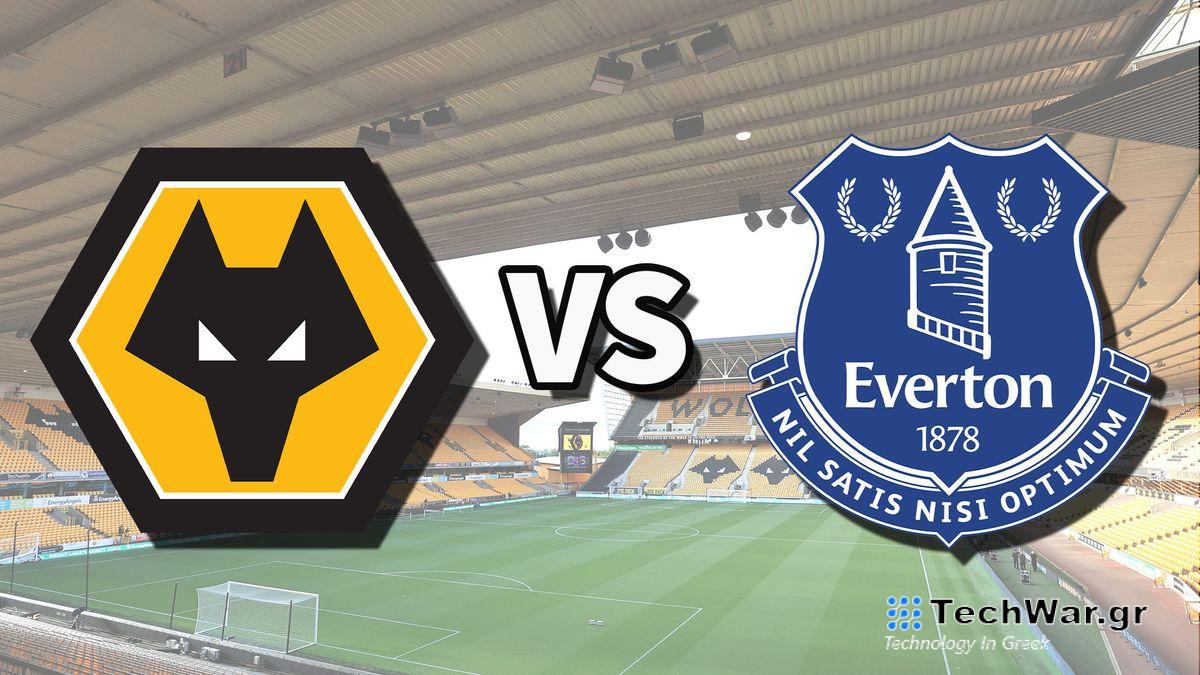 The Wolverhampton Wanderers and Everton club badges on top of a photo of Molineux stadium in Wolverhampton, England