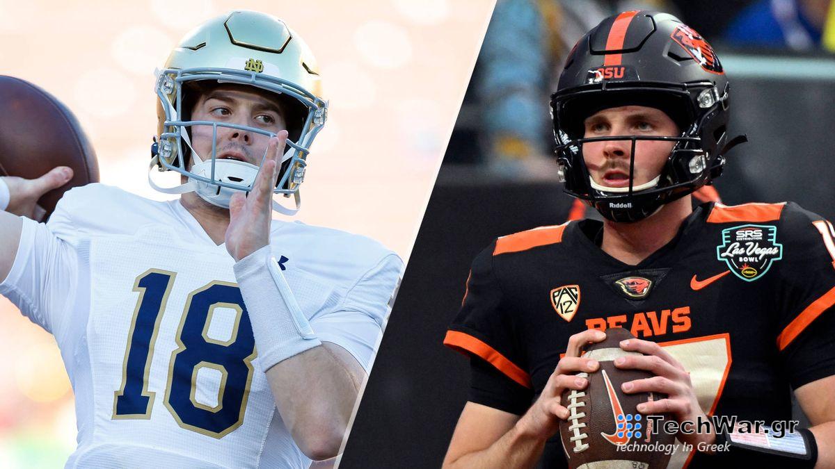 Composite image of QBs Steve Angeli (L) and Ben Gulbranson (R) ahead of the Notre Dame vs Oregon State live stream
