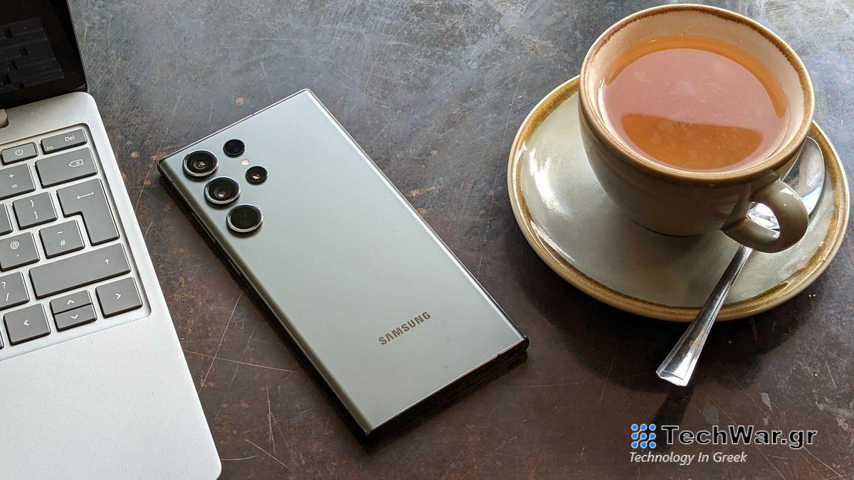 Samsung Galaxy S23 Ultra review angled laptop tea