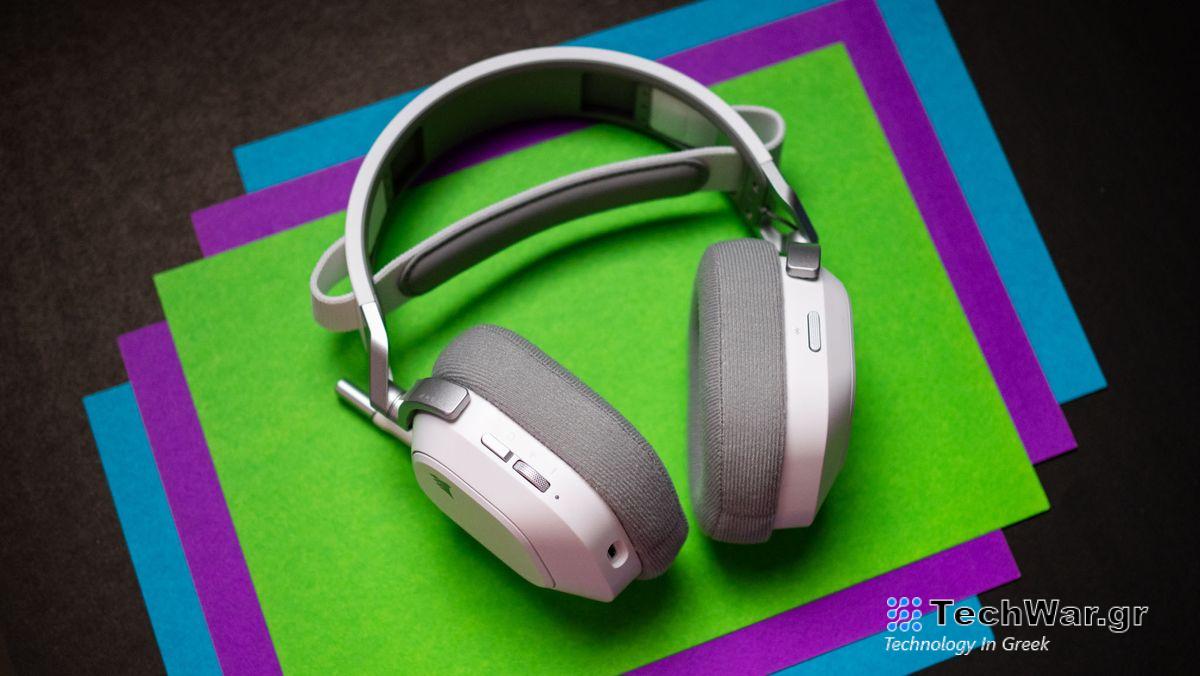 Corsair HS80 Max gaming headset against colorful background