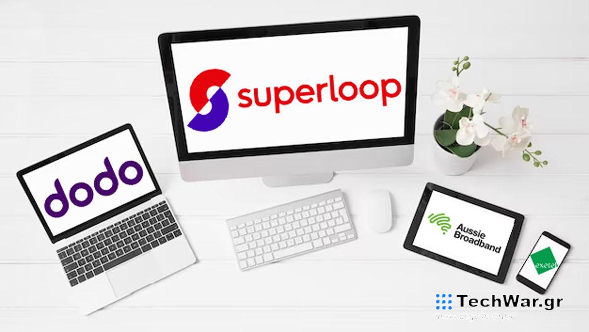 Dodo, Superloop, Aussie Broadband and Exetel logos on a range of devices