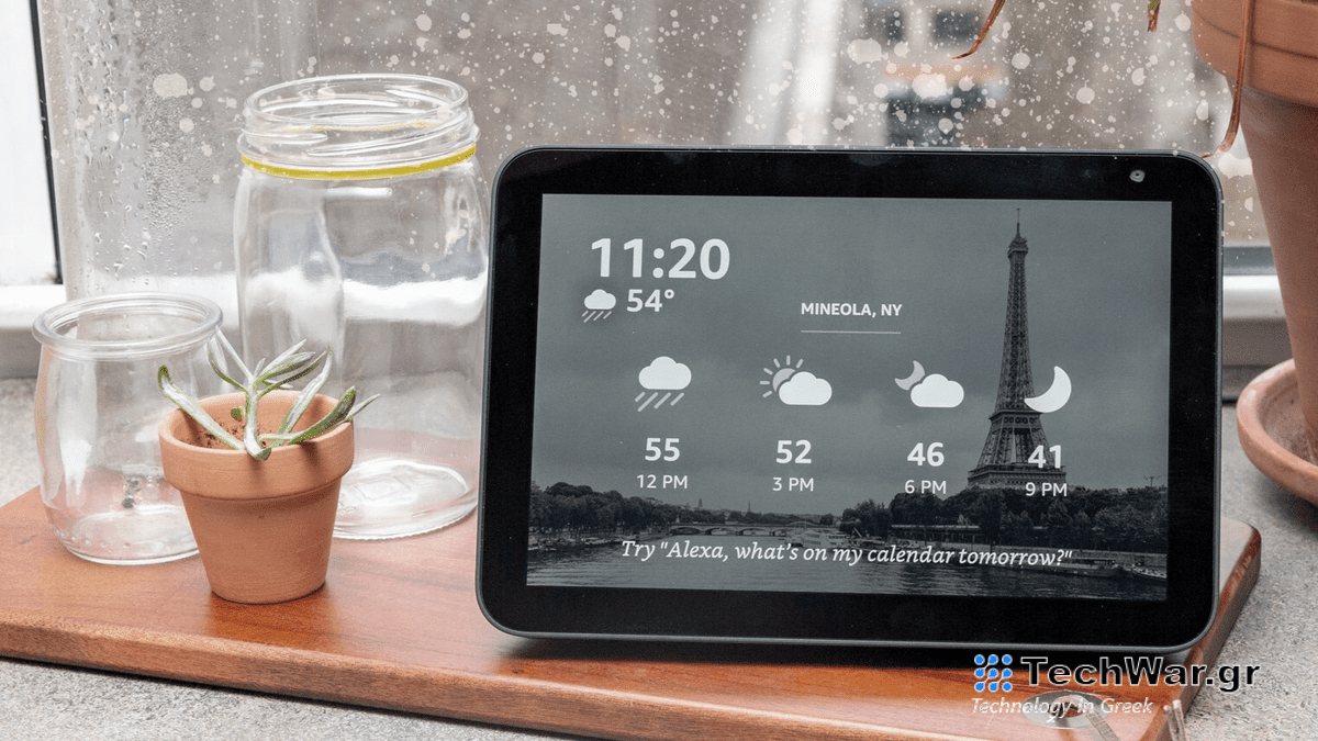 Echo Show 8 by a windowsill with a wintery look