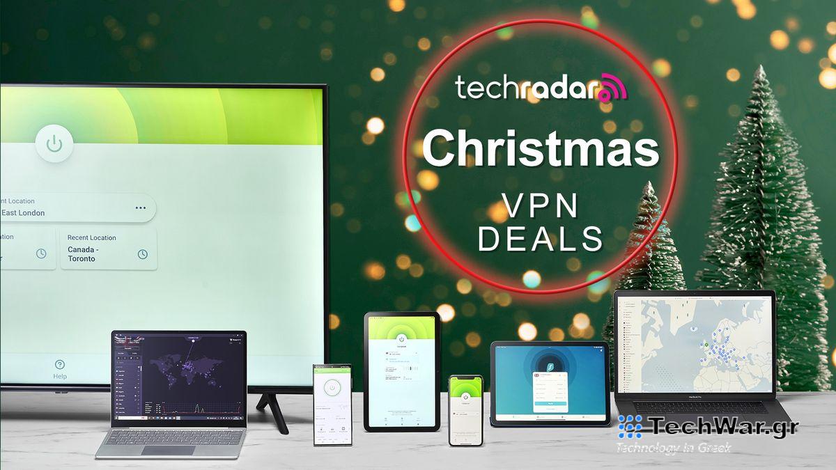 Christmas VPN deals next to a variety of devices running VPN apps.