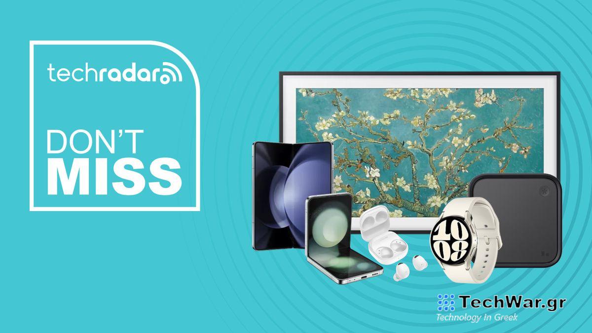 Assorted Samsung products on blue background with don