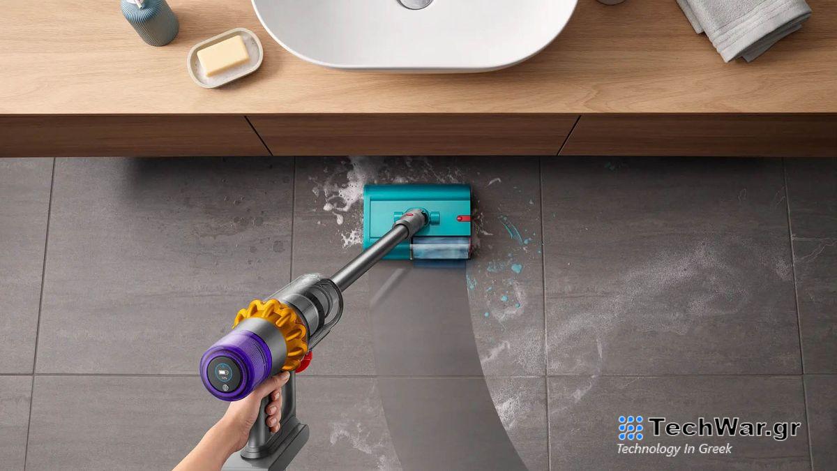 Dyson V15s Detect Submarine mopping the floor beneath a sink