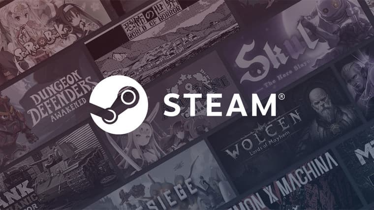 A Steam logo in the foreground with games logos in the background