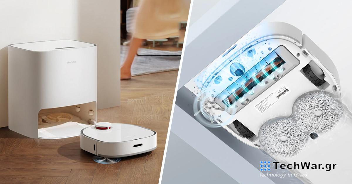 Το Dreame Bot W10 διαθέτει δύο περιστρεφόμενες σφουγγαρίστρες και έναν σταθμό στύψωσης και στεγνώματος
