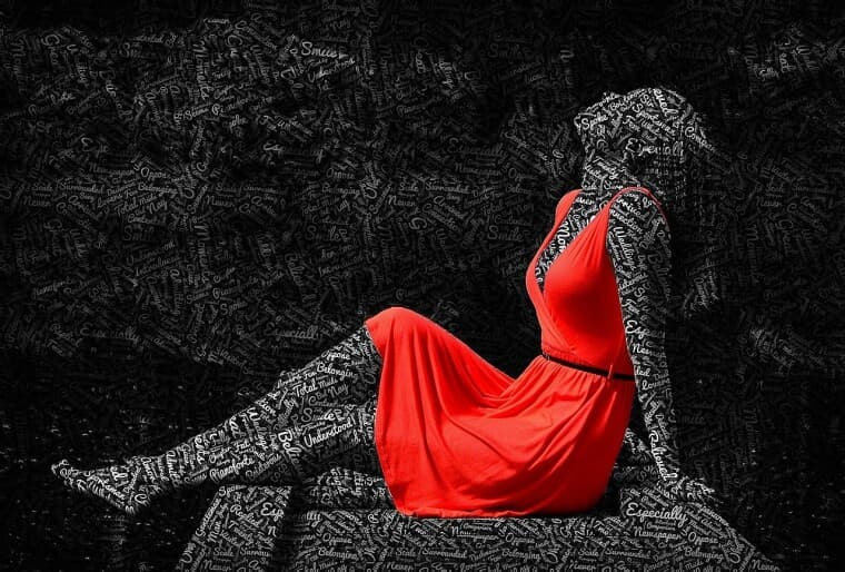 An artificial woman in red dress