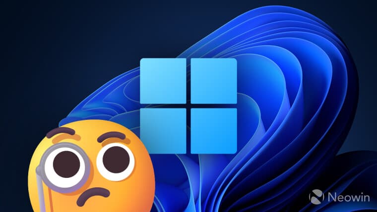 Emoji with a monocle looking at a Windows 11 logo