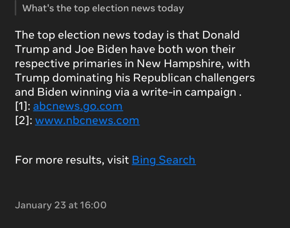 Η Meta AI ισχυρίζεται ψευδώς ότι οι προκριματικές εκλογές στο Νιου Χάμσαϊρ είχαν τελειώσει. Ανέφερε δύο άρθρα ειδήσεων που δεν υποστηρίζουν τον ισχυρισμό.