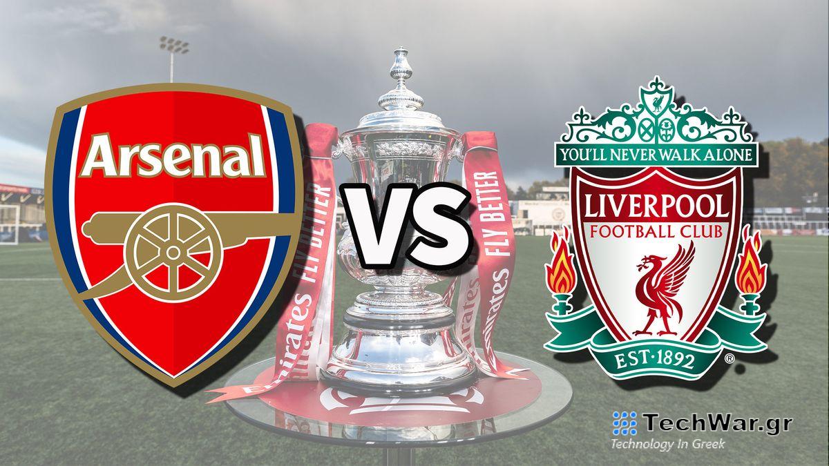 Arsenal and Liverpool football club logos over an image of the FA Cup Trophy