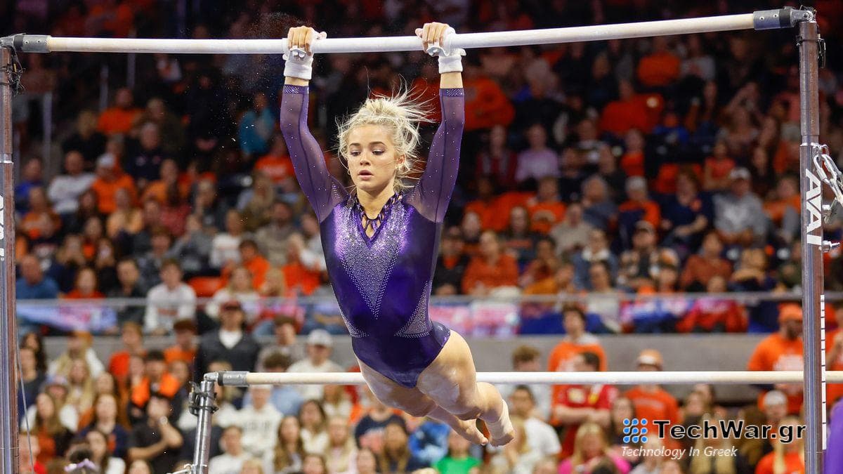 Olivia Dunne, wearing sparkly purple leotard, of LSU warms up on the uneven bars in the NCAA Gymnastics 2024