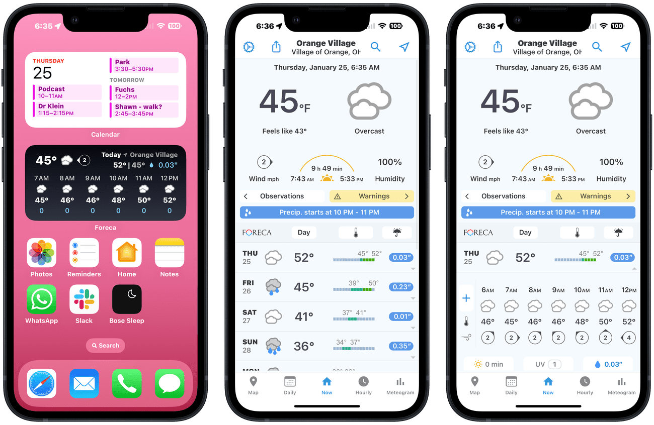 Στιγμιότυπα οθόνης της εφαρμογής Foreca καιρού