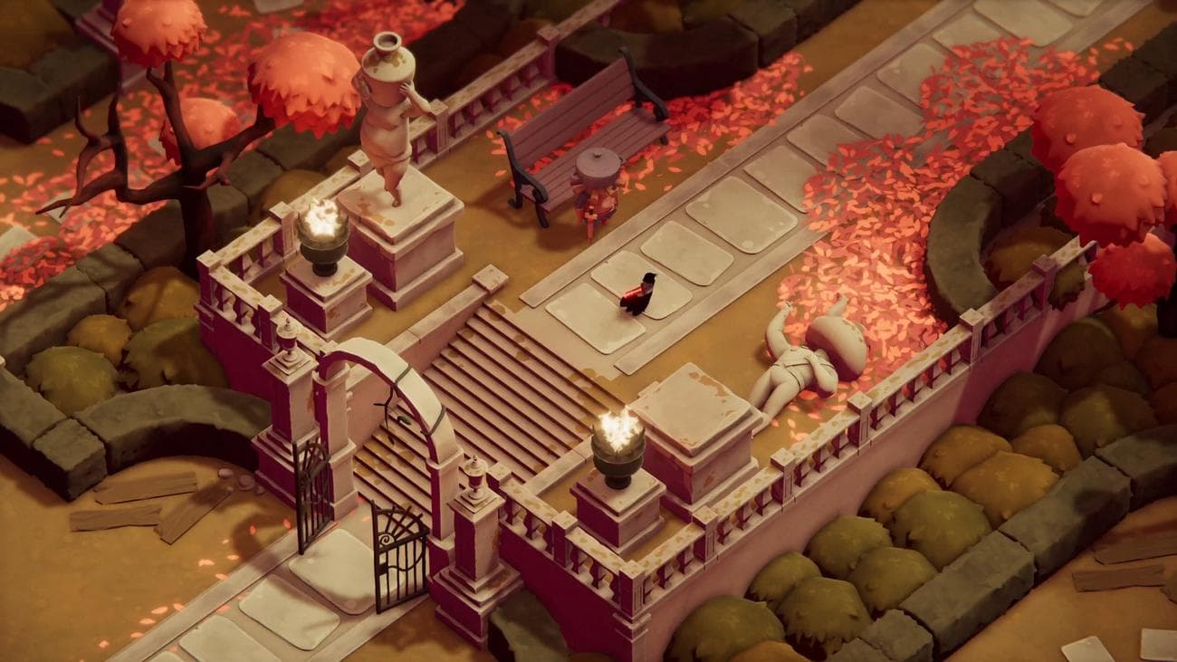 Best indie games: Death's Door. Image shows a crow standing in a park in autumn.