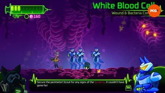 BioGun Clinical Trial - Τα «Λευκά Αιμοσφαίρια», μια ομάδα σκύλων με μπλε εξοπλισμό επιβολής.