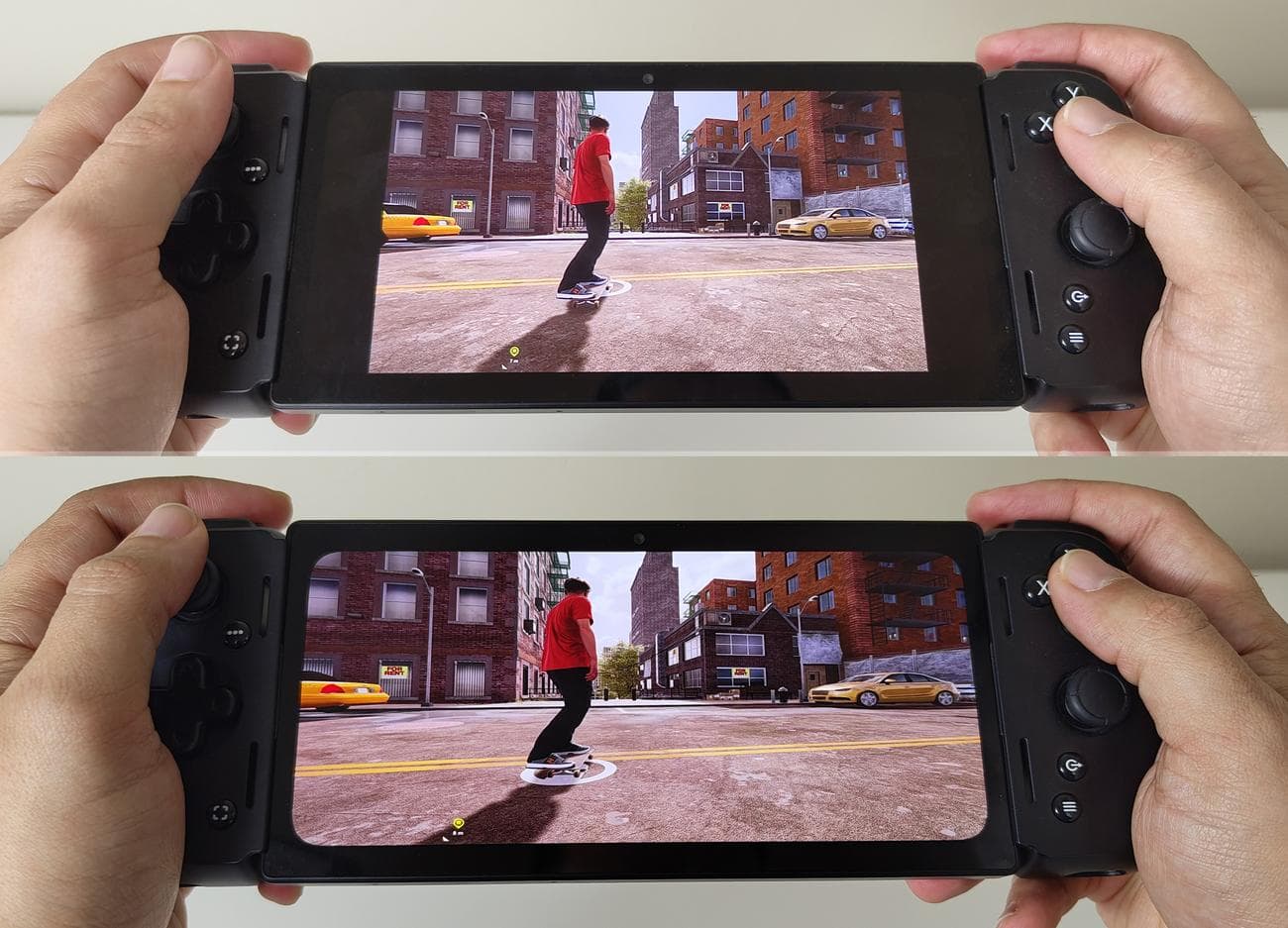 Μια σύνθετη φωτογραφία που δείχνει πώς το XBXPlay μπορεί να αφαιρέσει τις μαύρες γραμμές για απομακρυσμένο παιχνίδι