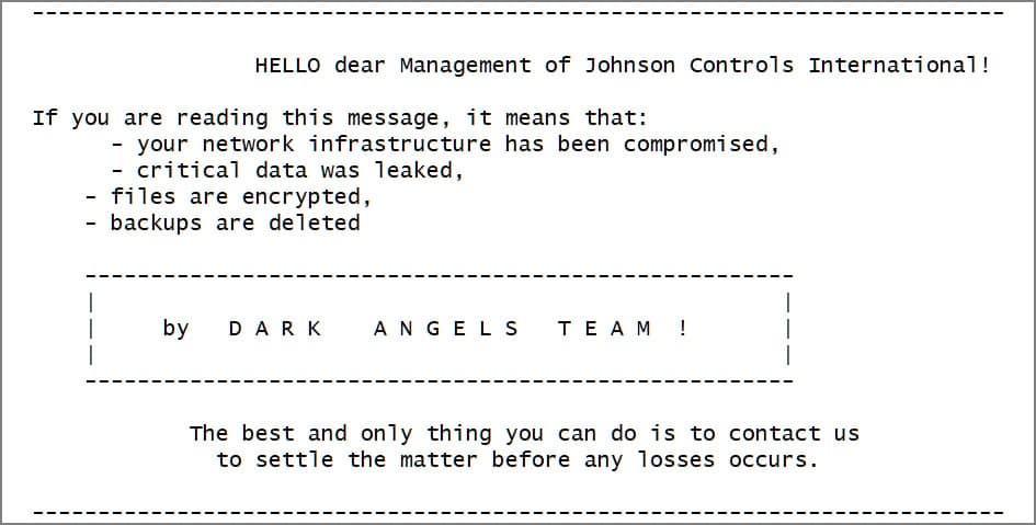 Σημείωση λύτρων Dark Angels στην κυβερνοεπίθεση Johnson Controls